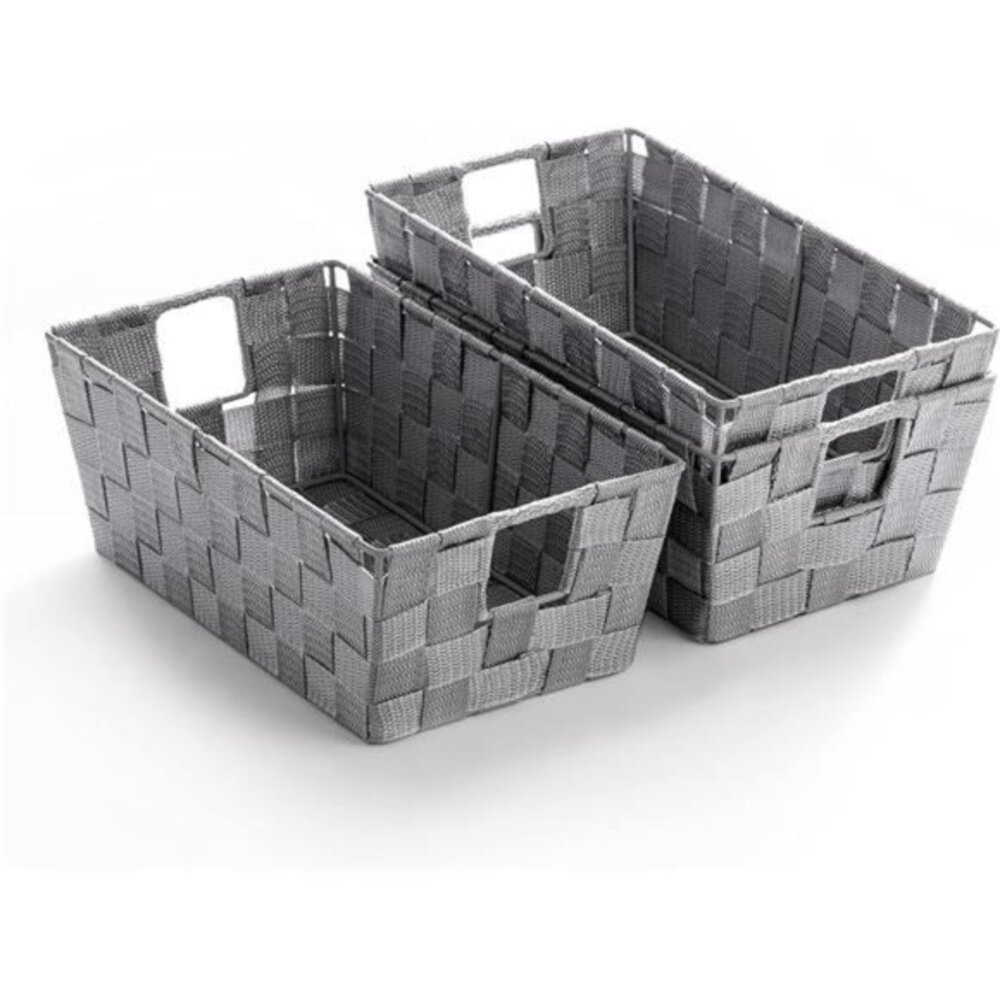 3 Pack Woven Strap Storage Basket Organizer Shelf/Under Bed Organizers w/ Handle